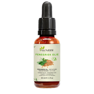 Fles fenegriekolie van Aza Natural, 30 ml, donker glas met pipet en een etiket met fenegriekzaden en blaadjes