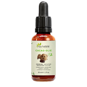Fles cacao olie van Aza Natural, 30 ml, donker glas met pipet en een etiket met drie ronde bruine noten