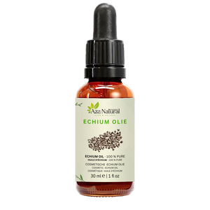 Fles echiumolie van Aza Natural, 30 ml, donker glas met pipet en een etiket met een hoopje donkere echiumzaadjes