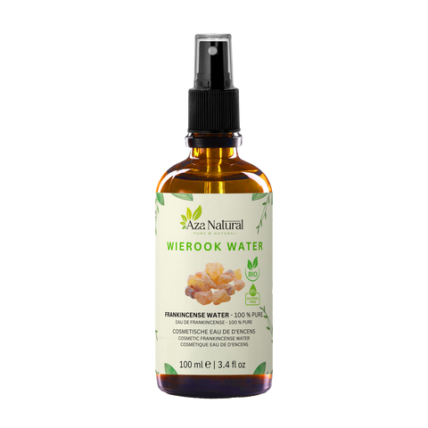 Flesje frankincense water van Aza Natural, 100 ml, bruin glas met sprayknop en een etiket met getekende harskorrels