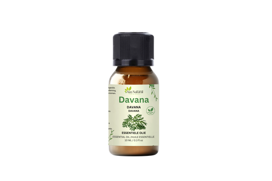 Flesje davana olie van Aza Natural, 10 ml, bruin glas met zwarte dop en een etiket met een tekening van een groen kruidtakje