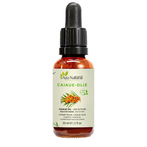 Fles caiaue-olie van Aza Natural, 30 ml, donker glas met pipet en een etiket met een tros oranje palmvruchtjes