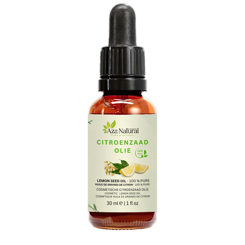 Flasche Zitronensamenöl von Aza Natural, 30 ml, dunkles Glas mit Pipette, Etikett mit Zitrone, Kernen und einem Blatt