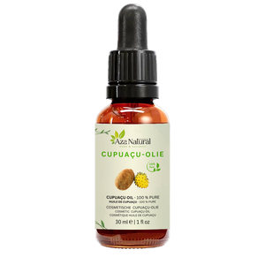 Fles cupuaçu olie van Aza Natural, 30 ml, donker glas met pipet en een etiket met een bruine cupuaçuvrucht
