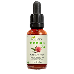 Fles castorolie van Aza Natural, 30 ml, donker glas met pipet en een etiket met een ricinusbloem