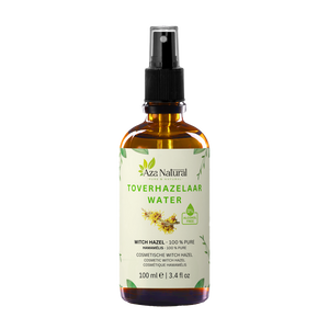 Flesje witch hazel water van Aza Natural, 100 ml, bruin glas met sprayknop, etiket Toverhazelaar water met gele bloemen