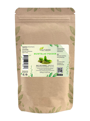 Zak muntblad poeder van Aza Natural, 100 gram, kraftpapier met rits en een etiket met muntblaadjes en groen poeder
