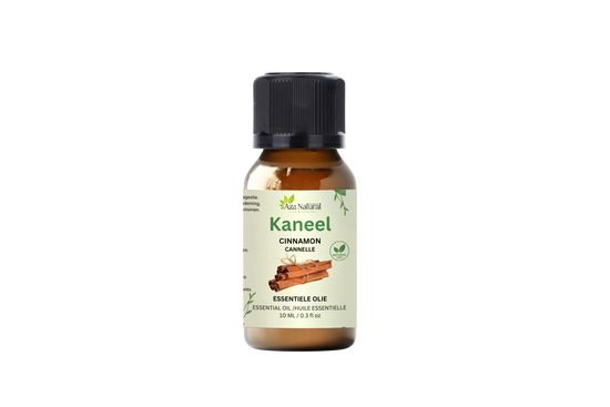 Flesje kaneel olie van Aza Natural, 10 ml, bruin glas met zwarte dop en een etiket met kaneelstokjes