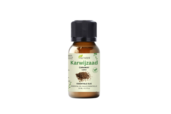 Flesje karwijzaad olie van Aza Natural, 10 ml, bruin glas met zwarte dop en een etiket met een tekening van karwijzaadjes