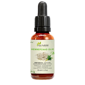 Fles hennepzaad olie van Aza Natural, 30 ml, donker glas met pipet en een etiket met hennepzaadjes en een hennepblad