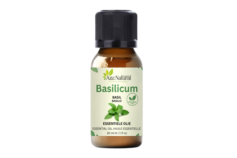 Basilikumöl 30 ml von Aza Natural, Fläschchen aus Braunglas mit schwarzem Deckel und ein grünes Etikett mit Basilikumblatt