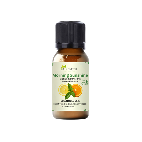 Morning Sunshine 30 ml van Aza Natural, flesje van bruin glas met zwarte dop en een etiket met citroen, sinaasappel en munt
