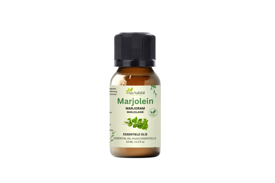 Flesje marjolein olie van Aza Natural, 10 ml, bruin glas met zwarte dop en een lichtgroen etiket met een marjoleintakje