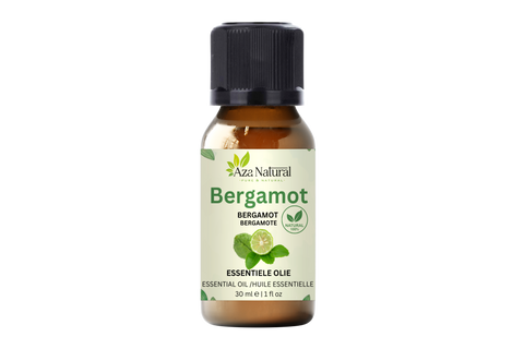 Flasche Bergamottöl von Aza Natural, 30 ml, Braunglas mit schwarzem Deckel und ein Etikett mit einer grünen Bergamottfrucht