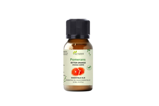 Flesje pomerans olie van Aza Natural, 10 ml, bruin glas met zwarte dop en een etiket met schijfjes bittere sinaasappel