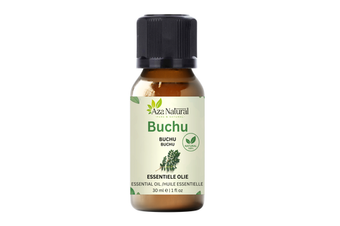 Fläschchen Buchuöl von Aza Natural, 30 ml, braunes Glas mit schwarzem Deckel und ein Etikett mit gezeichnetem Buchublatt