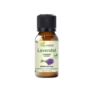Fläschchen ätherisches Lavendelöl von Aza Natural, 30 ml, Braunglas mit schwarzem Deckel, Etikett mit einem Bund Lavendel