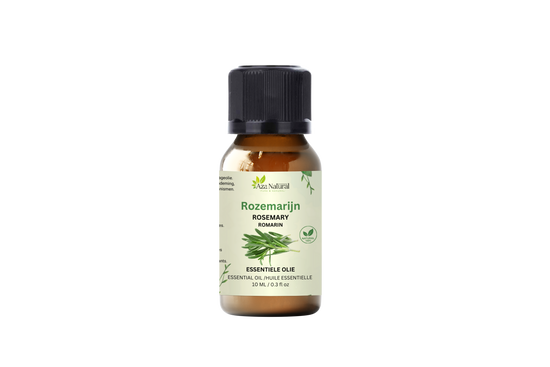 Flesje rozemarijn olie van Aza Natural, 10 ml, bruin glas met zwarte dop en een etiket met een takje rozemarijn