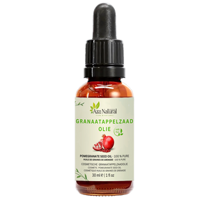 Fles granaatappelzaad olie van Aza Natural, 30 ml, donker glas met pipet en een etiket met een granaatappel en pitten