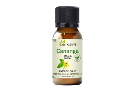 Fläschchen Canangaöl von Aza Natural, 30 ml, braunes Glas mit schwarzem Deckel und ein Etikett mit gelben Canangablüten