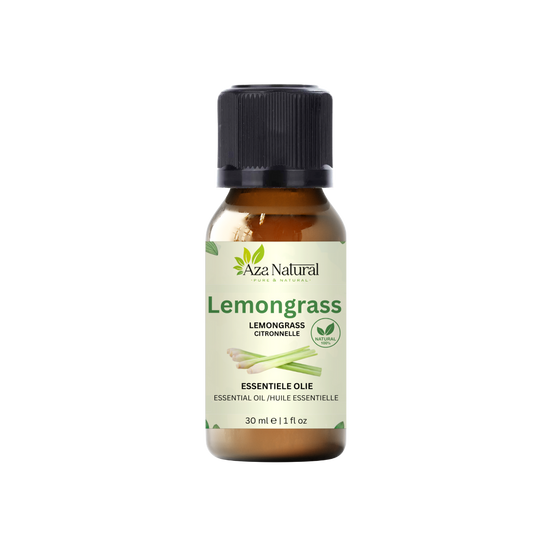 Lemongrass olie 30 ml van Aza Natural, flesje van bruin glas met zwarte dop en een lichtgroen etiket met citroengras