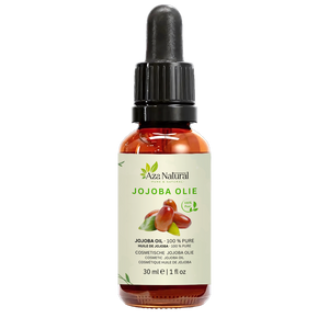 Fles jojoba olie van Aza Natural, 30 ml, donker glas met pipet en een etiket met roodbruine vruchten en een blad