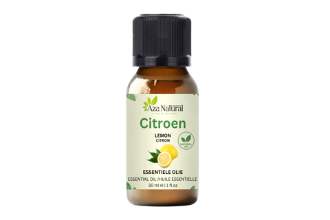 Zitronenöl 30 ml von Aza Natural, Fläschchen aus Braunglas mit schwarzem Deckel und ein Etikett mit zwei Zitronen