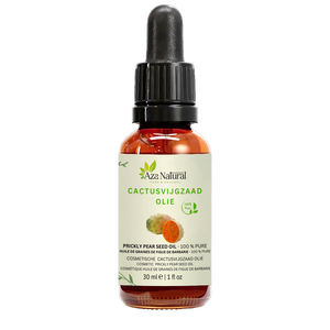Flasche Kaktusfeigenöl von Aza Natural, 30 ml, dunkles Glas mit Pipette, Etikett mit Kaktusblatt und oranger Kaktusfeige