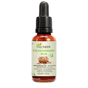 Fles pistachenoten olie van Aza Natural, 30 ml, donker glas met pipet en een etiket met een mandje pistachenoten