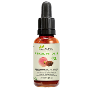 Fles perzikpitolie van Aza Natural, 30 ml, donker glas met pipet en een etiket met een perzik en een perzikpit