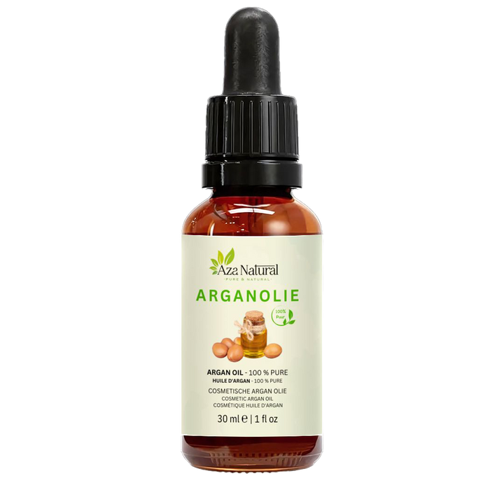 Fles arganolie van Aza Natural, 30 ml, donker glas met pipet en een etiket met arganvruchten en een kannetje olie