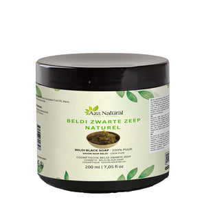 Dose marokkanische schwarze Seife natur von Aza Natural, 200 g, schwarz mit Deckel, Etikett mit einem Schälchen Seifenpaste