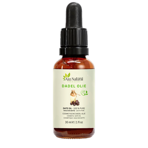 Fles dadelolie van Aza Natural, 30 ml, donker glas met pipet en een etiket met een schaaltje olie en dadels