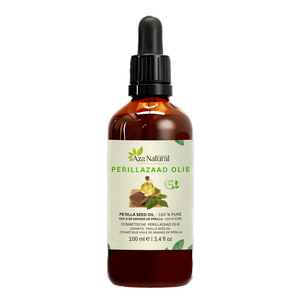 Fles van Aza Natural met het etiket perillazaad olie, 100 ml, donker glas met pipet, met een perillablad en zaadjes