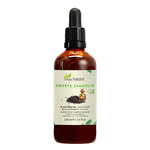 Fles zwarte zaadolie van Aza Natural, 100 ml, donker glas met pipet en een etiket met zwarte zaadjes