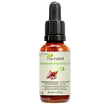 Fles dragon fruit zaad olie van Aza Natural, 30 ml, donker glas met pipet, etiket met roze drakenvruchten