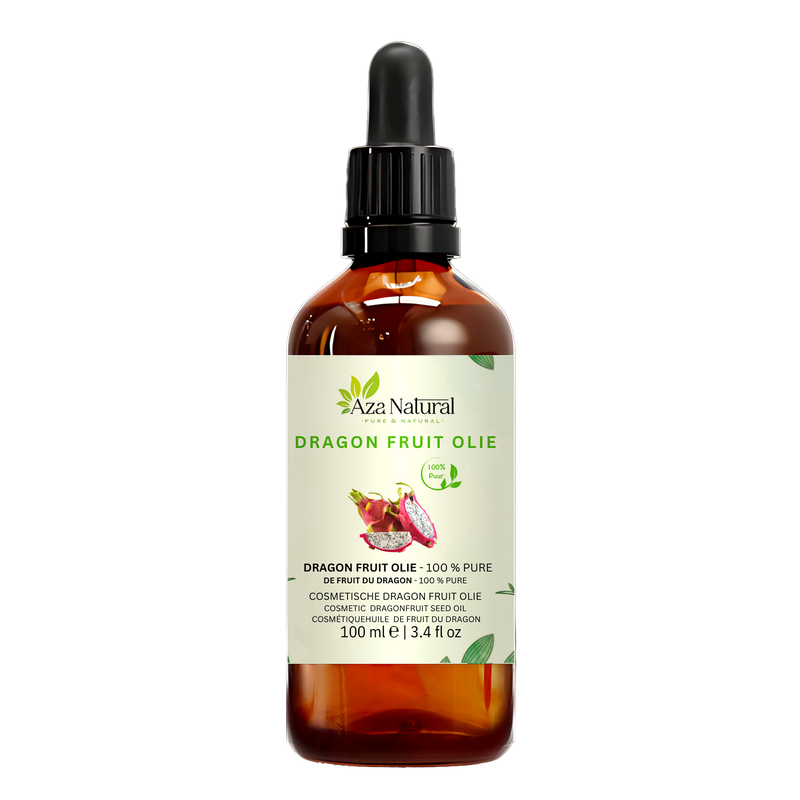 Drachenfruchtsamenöl 100 ml von Aza Natural, dunkles Glas mit Pipette, Etikett mit rosa Drachenfrüchten