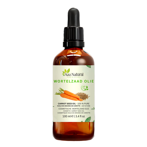 Karottensamenöl 100 ml von Aza Natural, Flasche aus dunklem Glas mit Pipette, Etikett mit zwei Karotten und Samenhäufchen