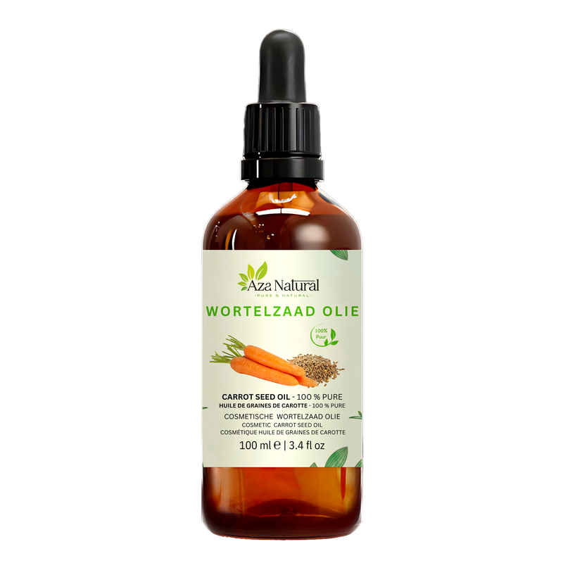 Karottensamenöl 100 ml von Aza Natural, Flasche aus dunklem Glas mit Pipette, Etikett mit zwei Karotten und Samenhäufchen