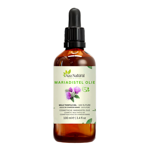 Huile de chardon-Marie 100 ml Aza Natural, verre foncé avec pipette et une étiquette avec des fleurs de chardon pourpres