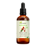 Poppie olie 100 ml van Aza Natural, fles van donker glas met pipet en een etiket met rode papaverbloemen