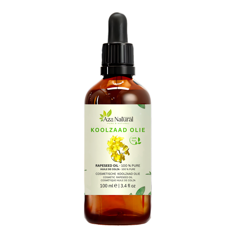 Rapsöl 100 ml von Aza Natural, dunkles Glas mit Pipette und ein Etikett mit gelben Rapsblüten