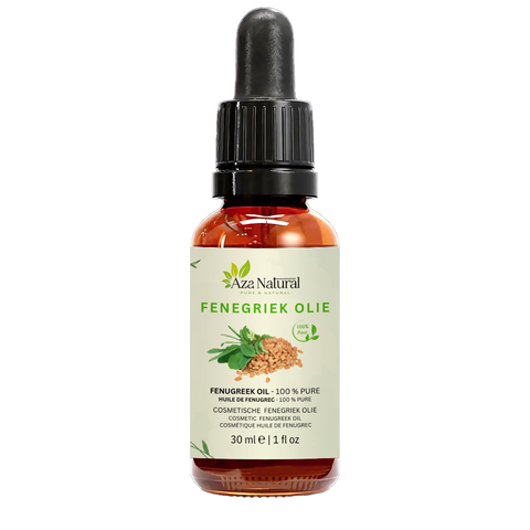 Flasche Bockshornkleeöl von Aza Natural, 30 ml, dunkles Glas mit Pipette, Etikett mit Bockshornkleesamen und Blättern