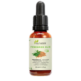 Fles fenegriekolie van Aza Natural, 30 ml, donker glas met pipet en een etiket met fenegriekzaden en blaadjes