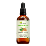 Fenegriekolie 100 ml van Aza Natural, fles van donker glas met pipet en een etiket met een hoopje fenegriekzaad