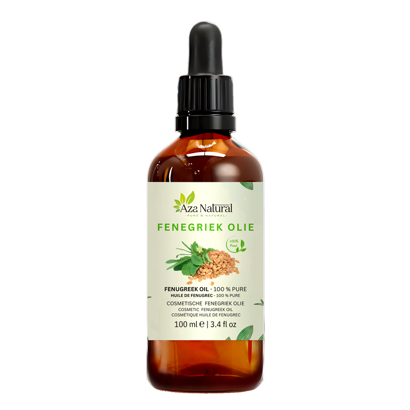 Bockshornkleeöl 100 ml von Aza Natural, Flasche aus dunklem Glas mit Pipette, Etikett mit einem Häufchen Bockshornkleesamen