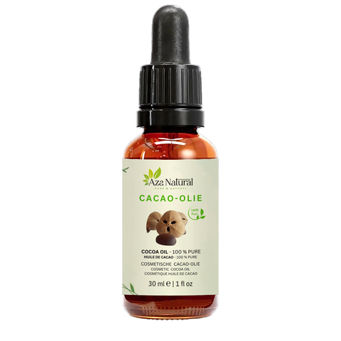 Flacon d’huile de cacao Aza Natural, 30 ml, verre foncé avec pipette et une étiquette avec trois noix rondes brunes