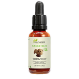 Fles cacao olie van Aza Natural, 30 ml, donker glas met pipet en een etiket met drie ronde bruine noten