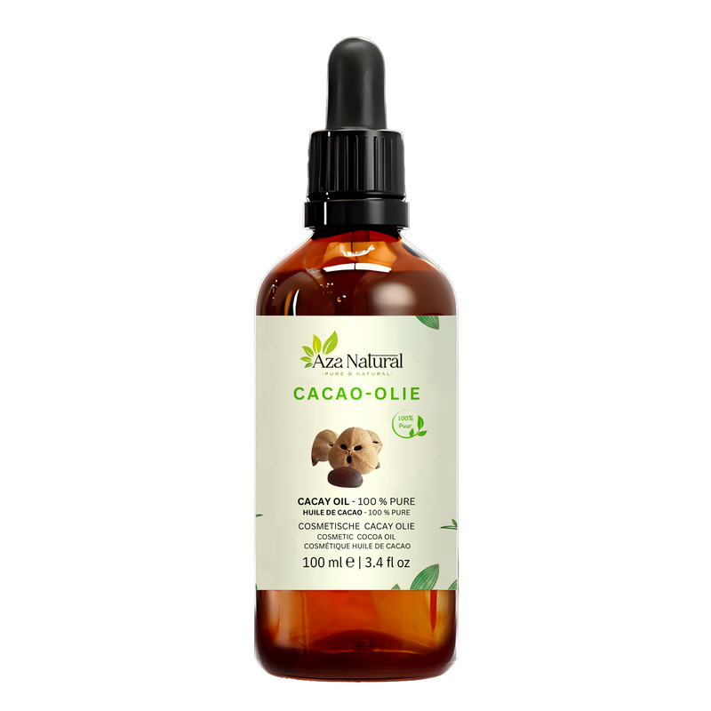 Kakaoöl 100 ml von Aza Natural, Flasche aus dunklem Glas mit Pipette und ein Etikett mit drei runden braunen Nüssen
