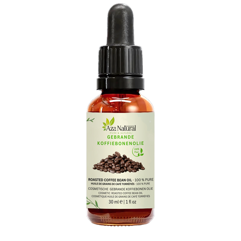 Fles gebrande koffiebonen olie van Aza Natural, 30 ml, donker glas met pipet, etiket met gebrande koffiebonen